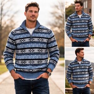 L.L. Bean Men's Fair‎ Isle Cotton 1/4 Zip Blue and Black Nordic Sweater XL